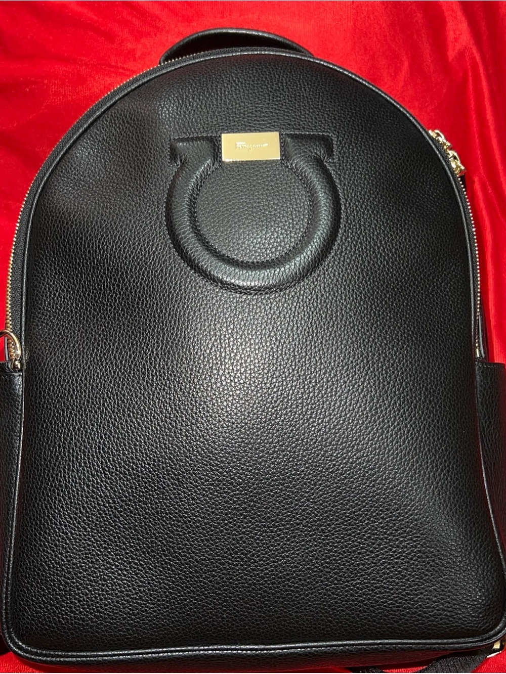 Authentic Salvatore Ferragamo Black Pebbled Leather Backpack with Gold Hardware